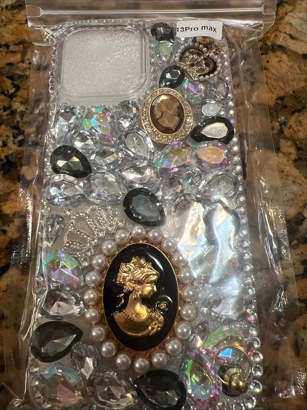 Rhinestone Jeweled Bling Phone Case for iPhone 13 Pro Max - Gold/Black Accent